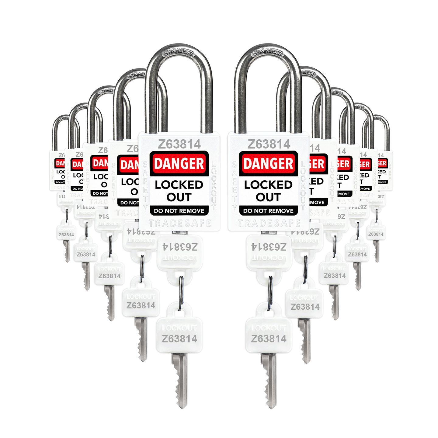 Keyed Alike Lockout Locks - 10 White Padlocks - 2 Keys Per Lock