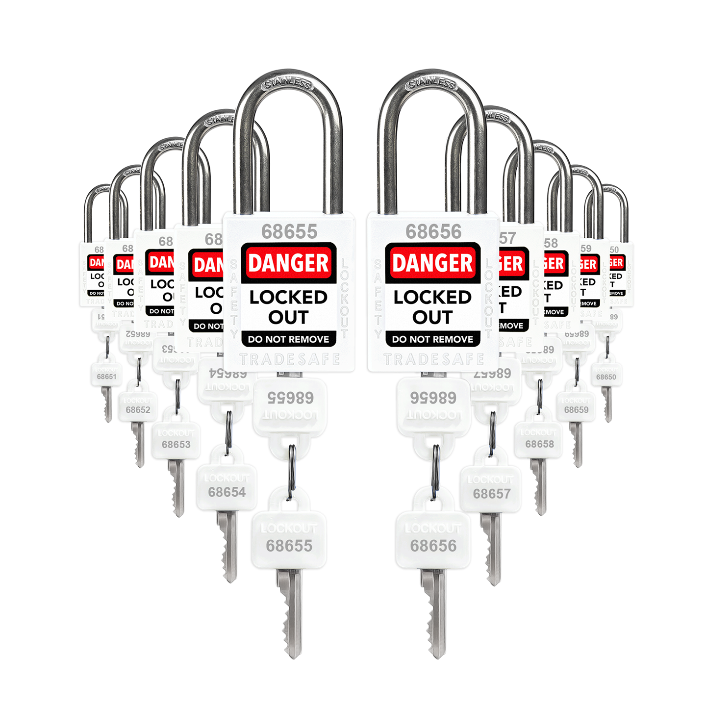 Keyed Different Lockout Locks - 10 White Padlocks - 2 Keys Per Lock
