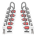 ten white loto padlocks: 2 keys each, unique five-digit code on keys and body