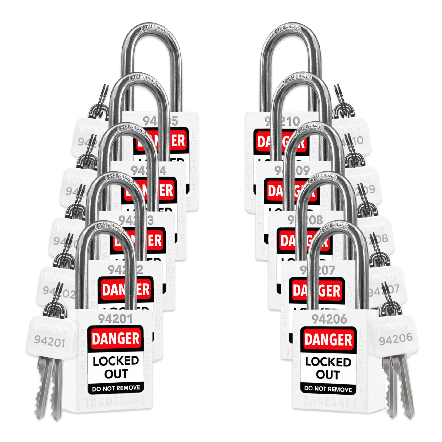ten white loto padlocks: 2 keys each, unique five-digit code on keys and body