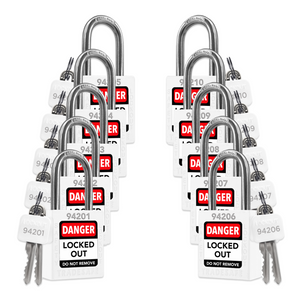 ten white loto padlocks: 2 keys each, unique five-digit code on keys and body