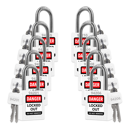 ten white loto padlocks: 2 keys each, unique five-digit code on keys and body