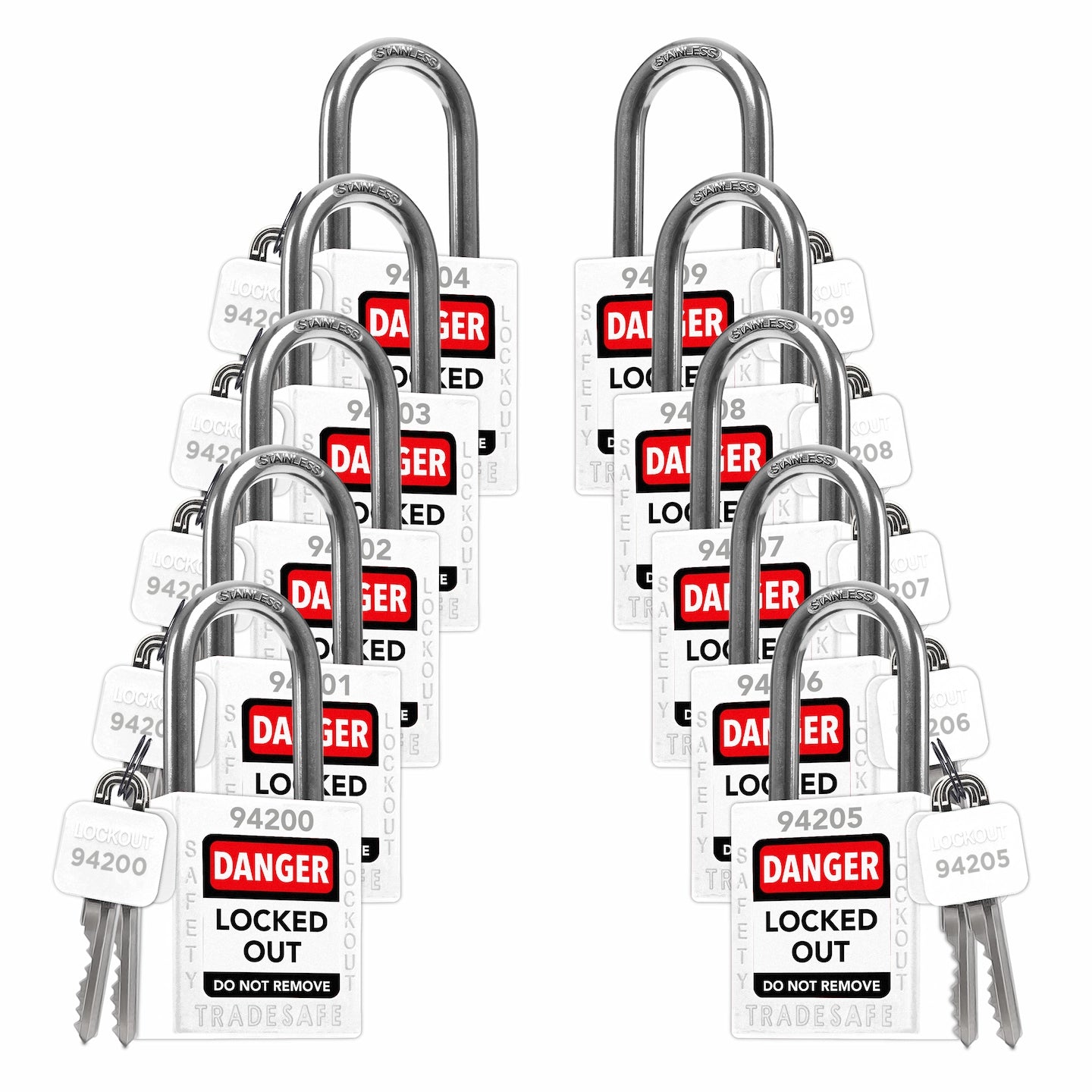 White Keyed Different Lockout Locks - 2 Keys - 10 Pack | TRADESAFE