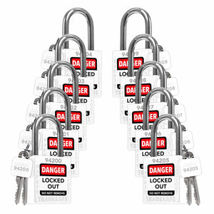 ten white loto padlocks: 2 keys each, unique five-digit code on keys and body