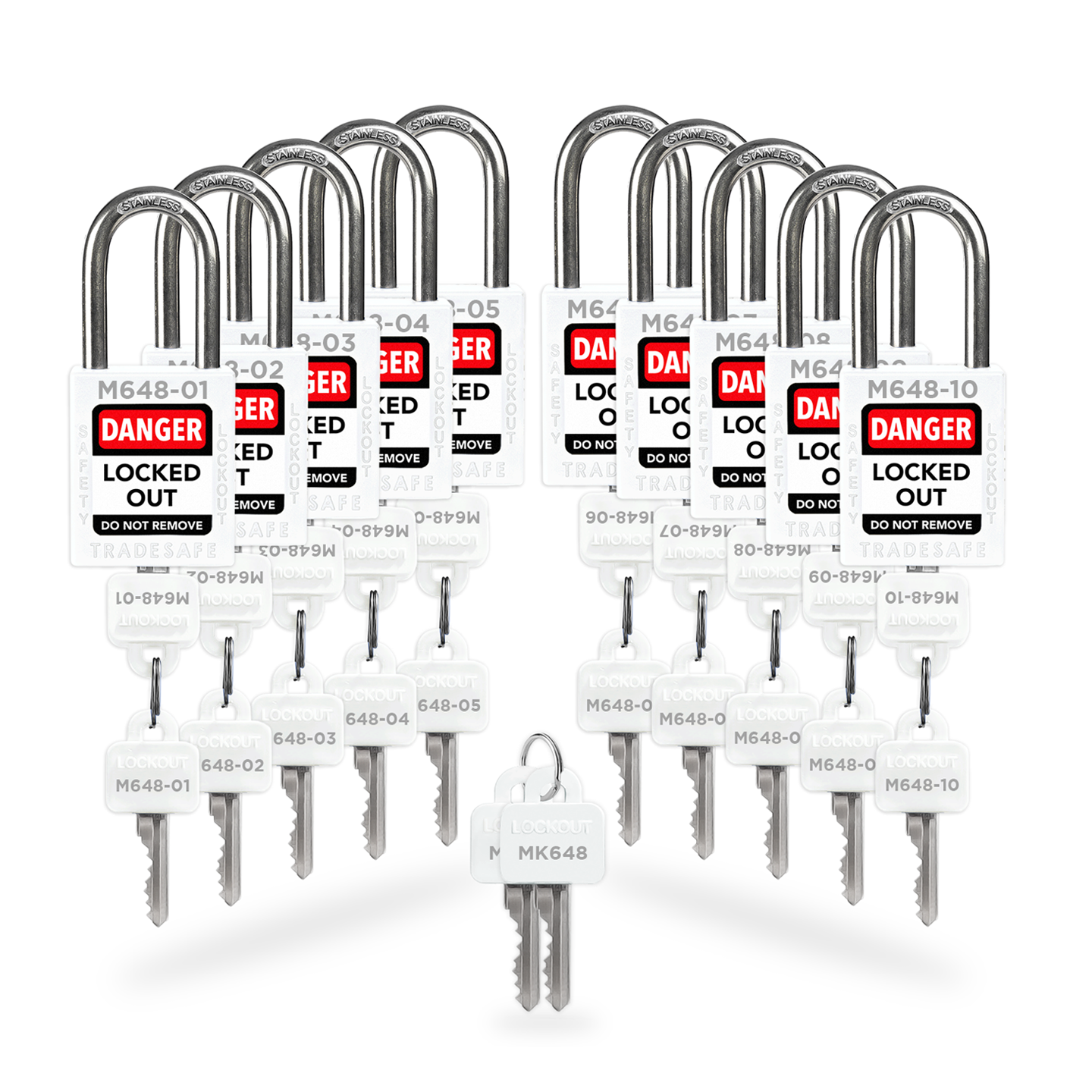Keyed Different Lockout Locks with Master Keys - 10 White Padlocks - 2 Keys Per Lock