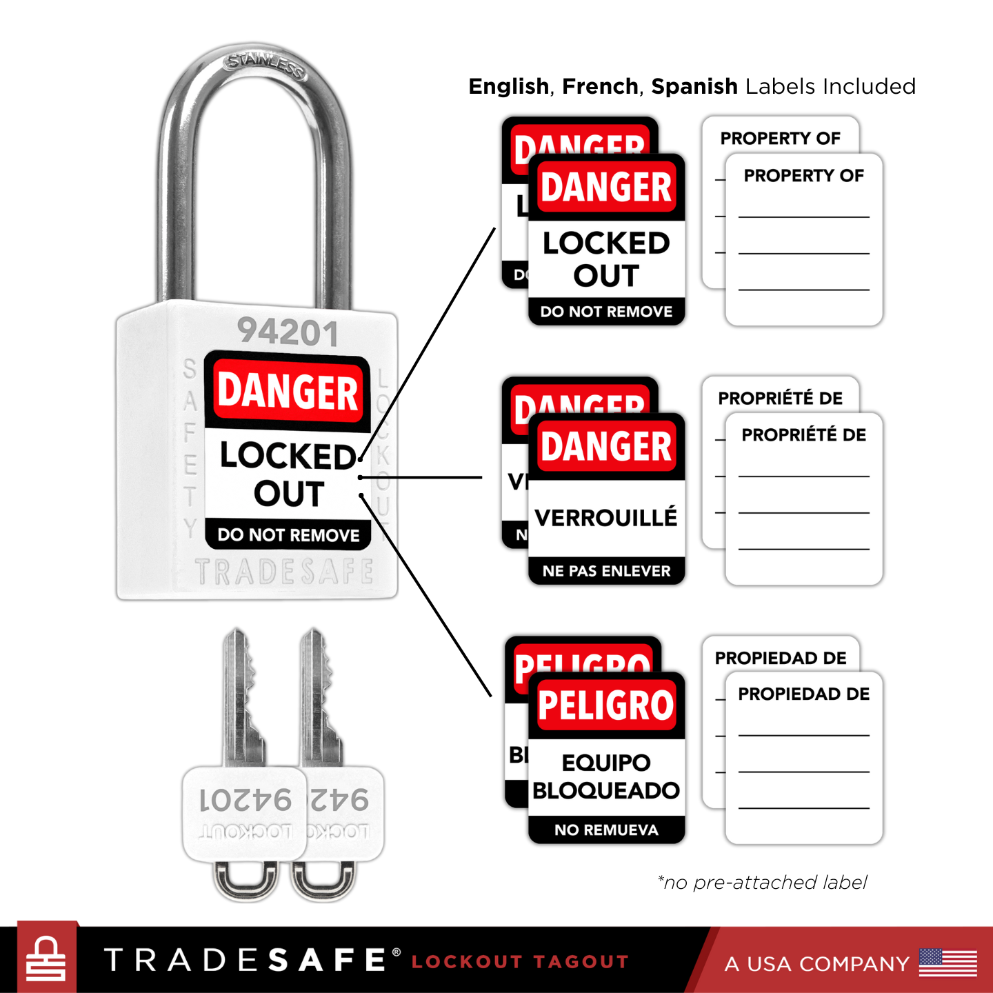 infographic: white loto lock with english, french, spanish labels included