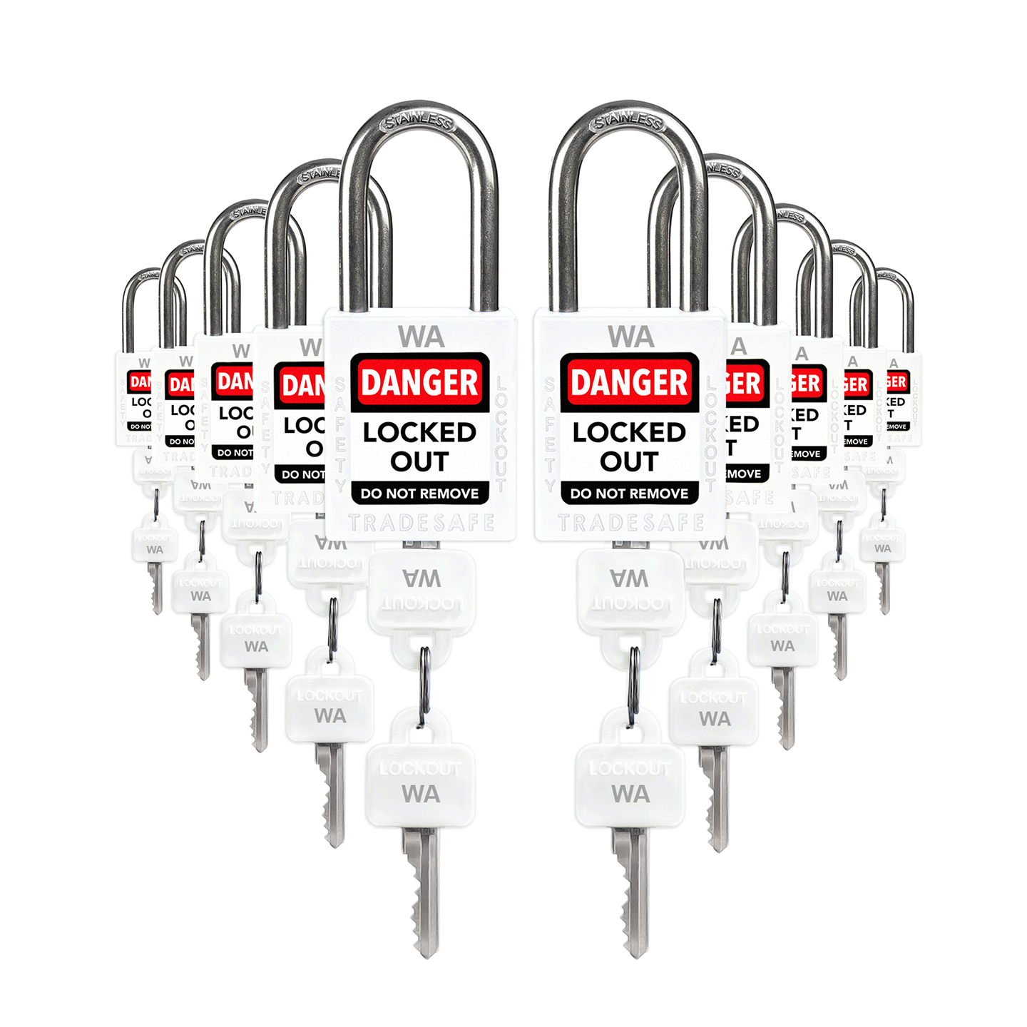 Keyed Alike Unlimited Lockout Locks - 10 White Padlocks - 2 Keys Per Lock