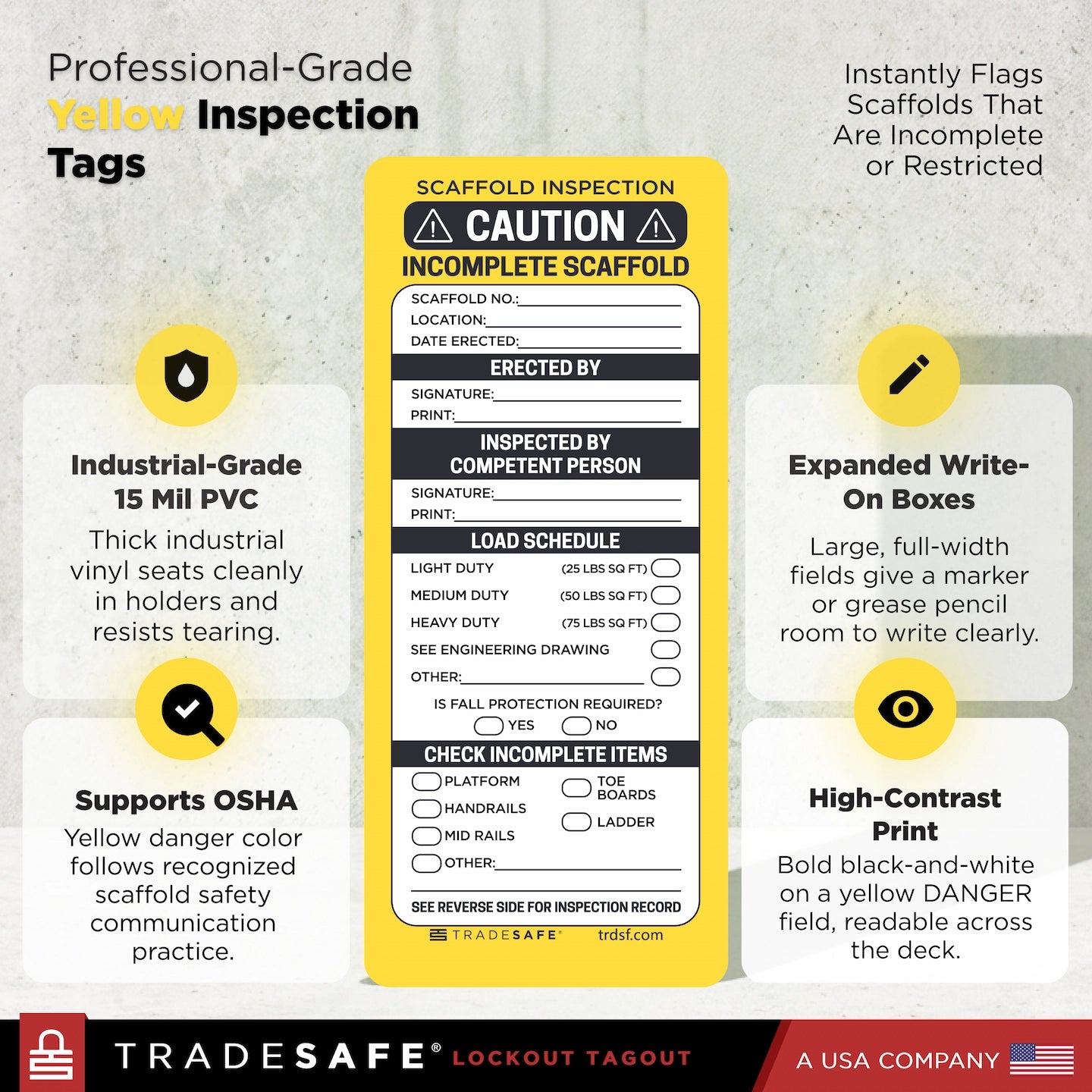 infographic for Tradesafe Red scaffold Inspection Tags with feature callouts