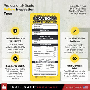 infographic for Tradesafe Red scaffold Inspection Tags with feature callouts