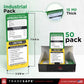 Industrial pack of Tradesafe lockout tagout tags, showing the 50-pack quantity, dimensions of the tag, a close-up of the 15 mil thickness, and the black storage box containing the tags.

