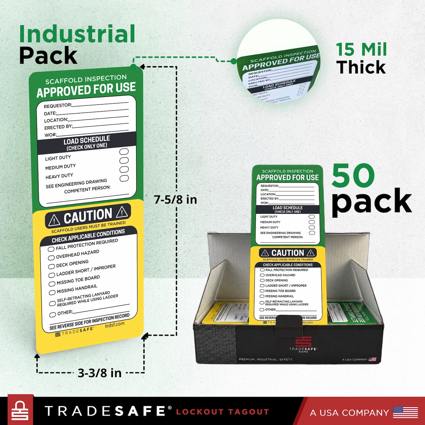 Industrial pack of Tradesafe lockout tagout tags, showing the 50-pack quantity, dimensions of the tag, a close-up of the 15 mil thickness, and the black storage box containing the tags.

