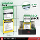 Industrial pack of Tradesafe lockout tagout tags, showing the 150-pack quantity, dimensions of the tag, a close-up of the 15 mil thickness, and the black storage box containing the tags.

