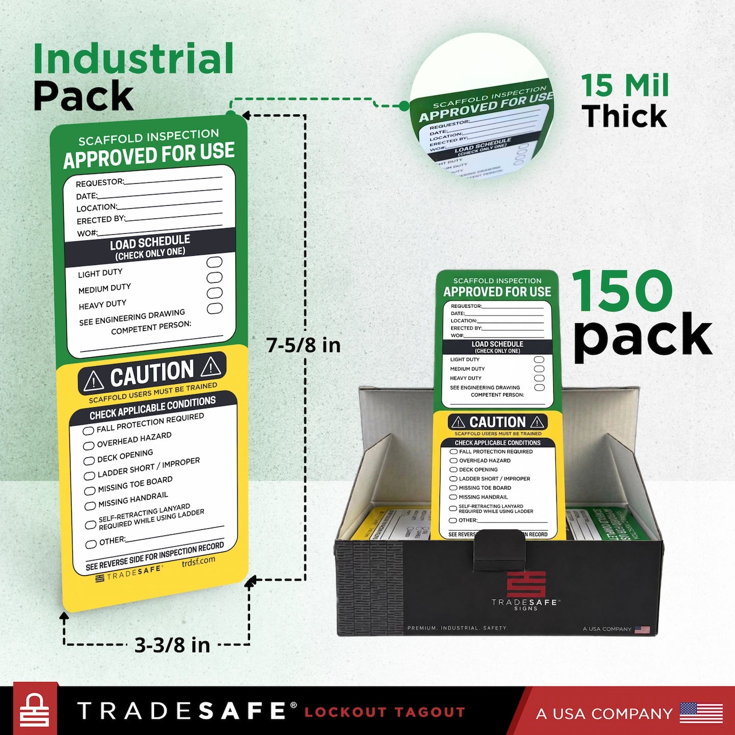 Industrial pack of Tradesafe lockout tagout tags, showing the 150-pack quantity, dimensions of the tag, a close-up of the 15 mil thickness, and the black storage box containing the tags.

