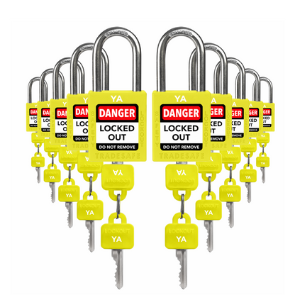 ten yellow loto padlocks: 2 keys each, with codes on keys and body