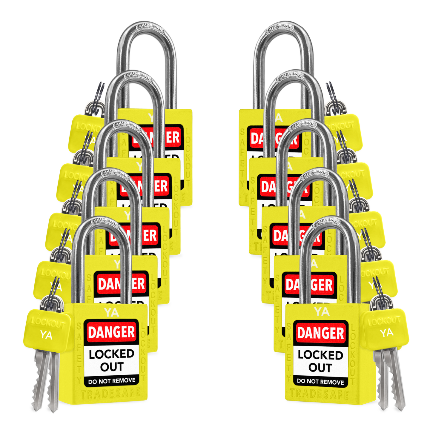 10 yellow loto padlocks: 2 keys each, with codes on keys and body