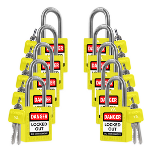 10 yellow loto padlocks: 2 keys each, with codes on keys and body