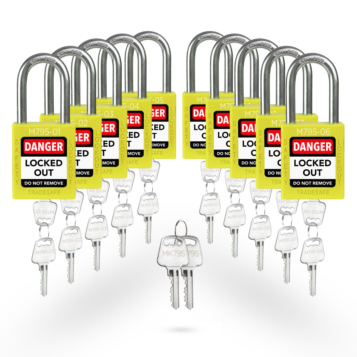 set of 10 yellow keyed different locks with master key