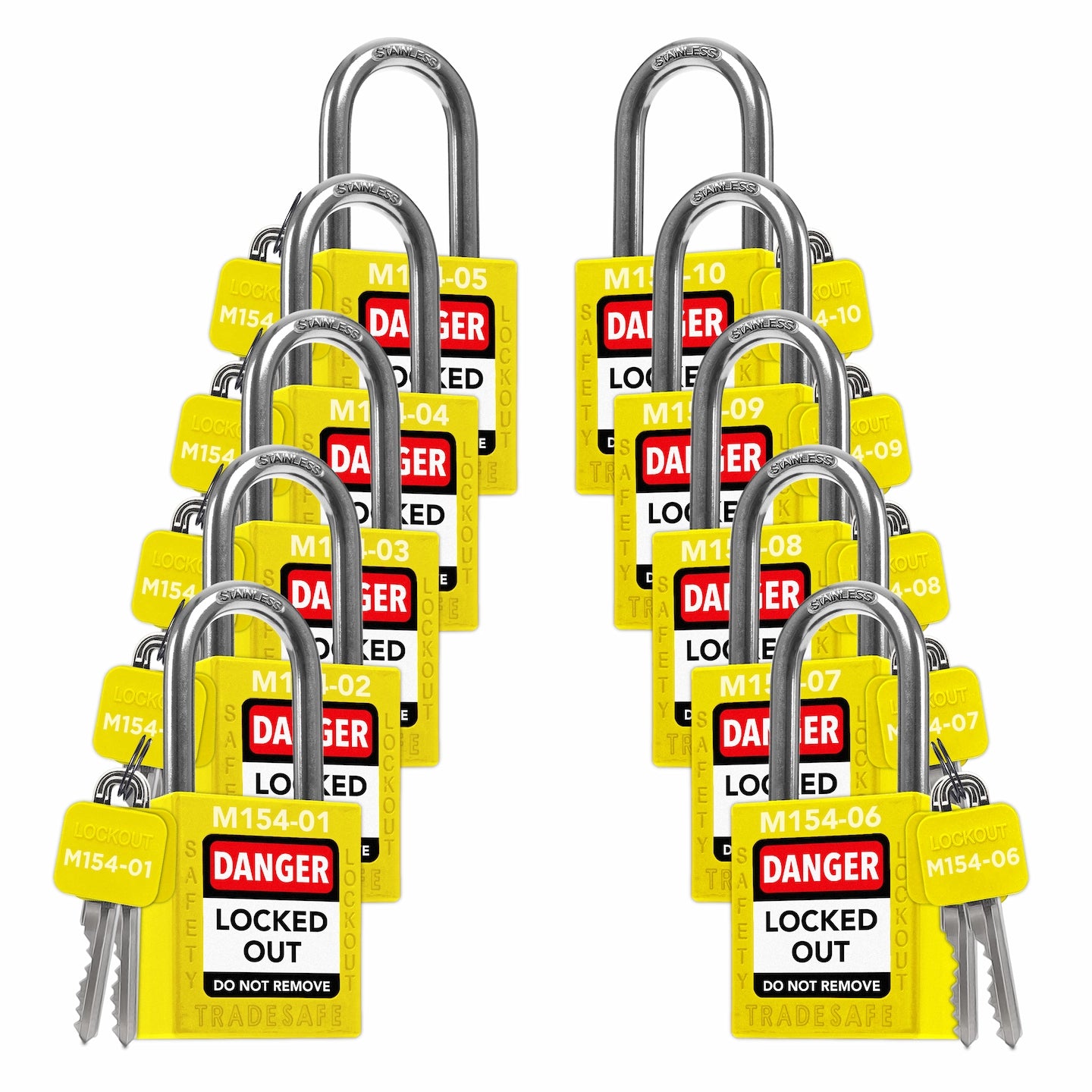 set of 10 yellow keyed different locks with master key