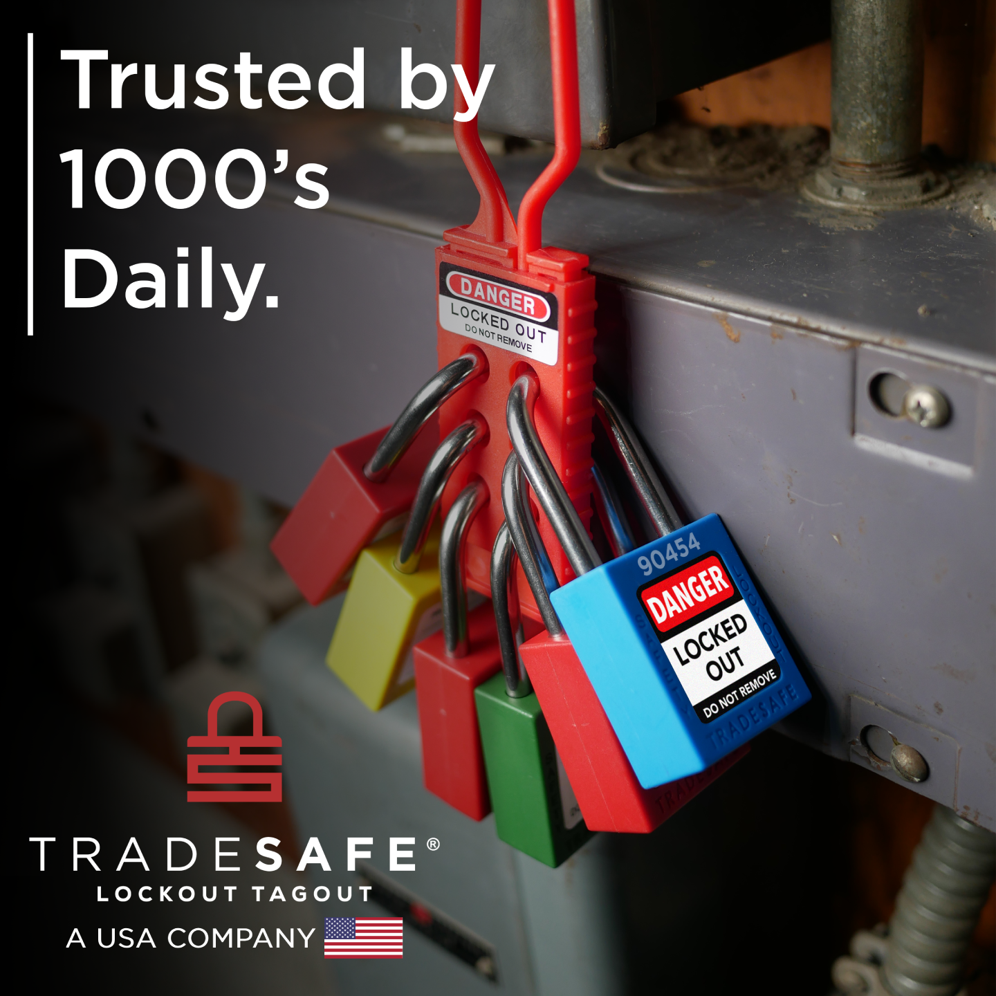 tradesafe: trusted by 1000's daily, loto locks in-use on nylon hasp