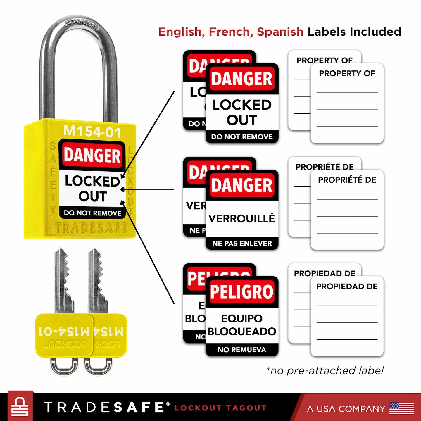 visual representation of yellow keyed different lock with master key including labels in three languages