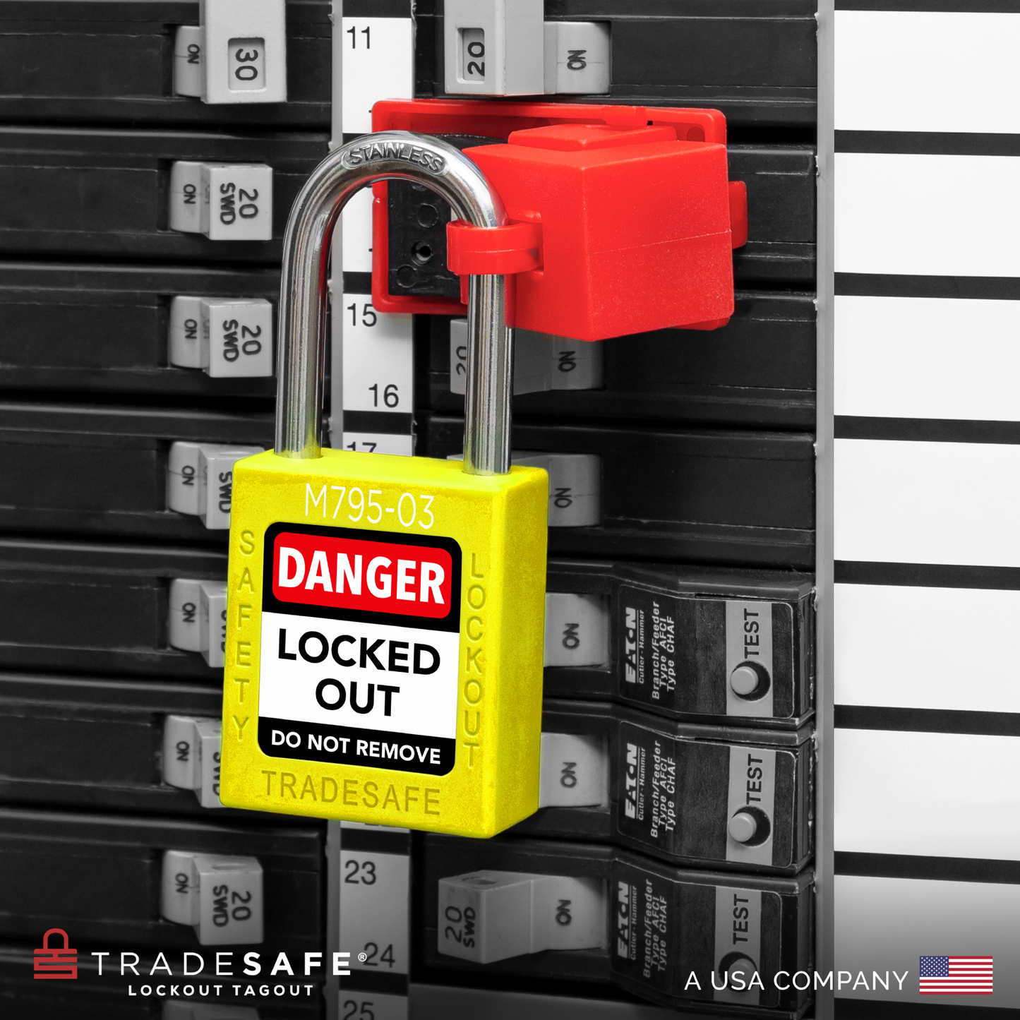 lifestyle shot of yellow padlock in use with clamp-on circuit breaker lock