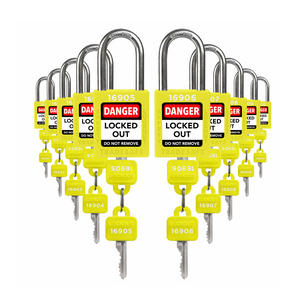 ten yellow loto padlocks: 2 keys each, unique five-digit code on keys and body