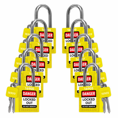 ten yellow loto padlocks: 2 keys each, unique five-digit code on keys and body