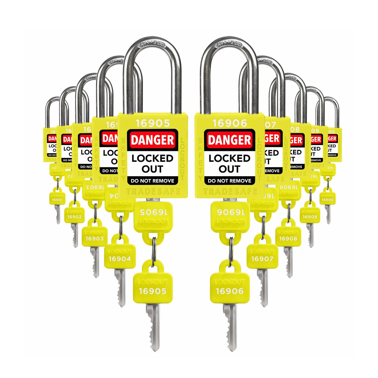 Juego de candados de bloqueo y etiquetado con diferentes llaves - 10 candados de seguridad amarillos - 2 llaves por candado
