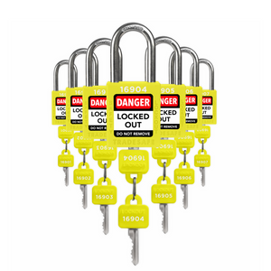 yellow loto padlocks: 2 keys each, unique five-digit code on keys and body