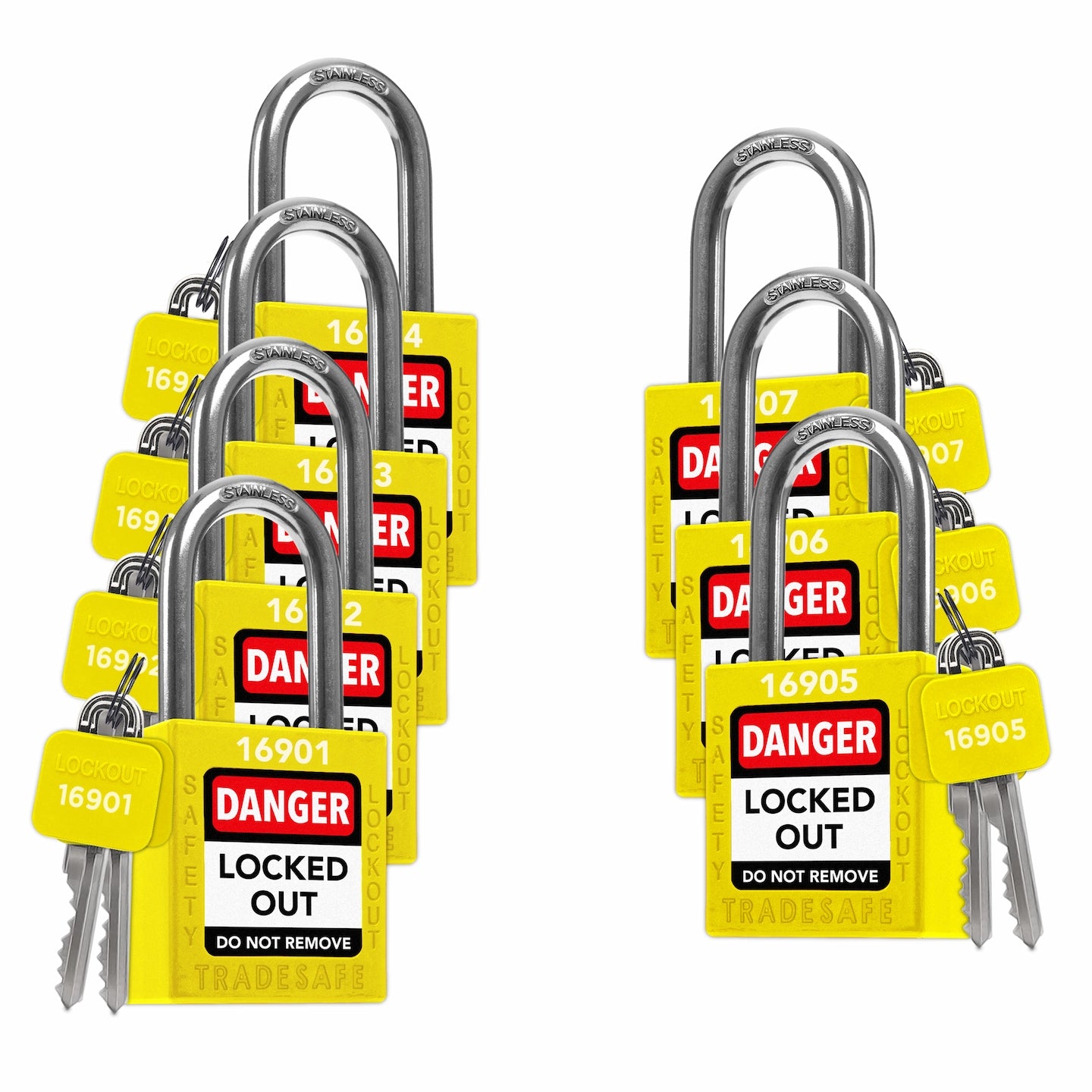 yellow loto padlocks: 2 keys each, unique five-digit code on keys and body