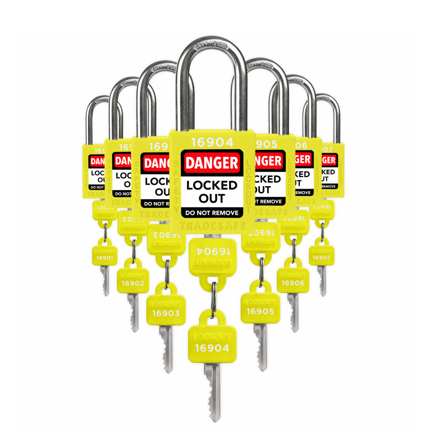 Keyed Different Lockout Locks - 7 Yellow Padlocks - 2 Keys Per Lock