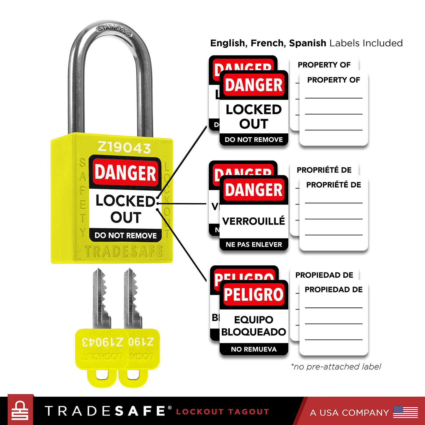 infographic: yellow loto lock with english, french, spanish labels included