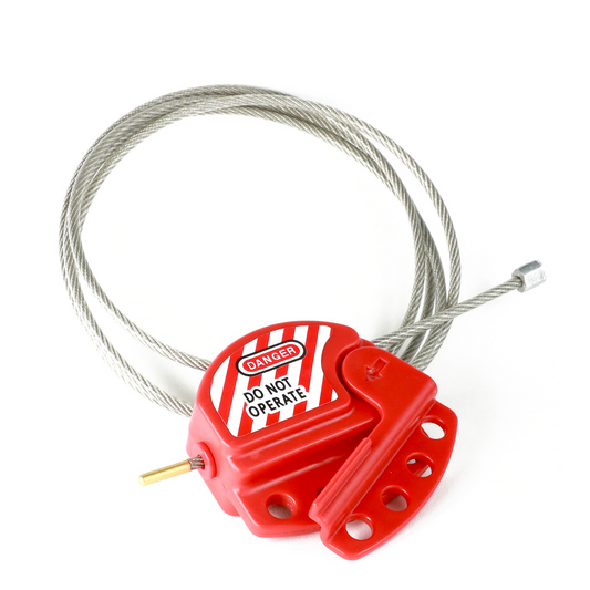 high-angle front view of a red adjustable cable lockout device with label "danger, do not operate"