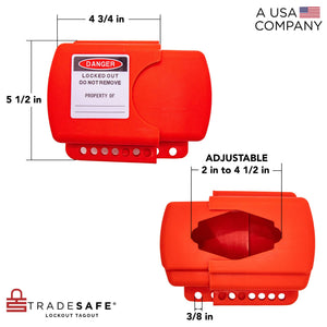 eye-level front view of a red adjustable flanged ball valve lockout with top body dimensions