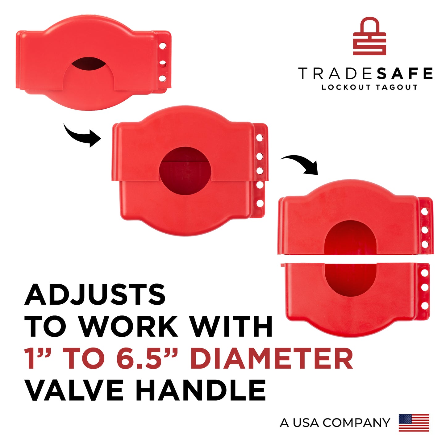 infographic of an adjustable red gate valve lockout indicating the diameter range of valve handle that works with it