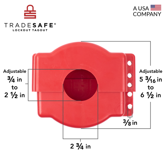 eye-level back view of a red adjustable gate valve lockout indicating measurement range of the hole and the body