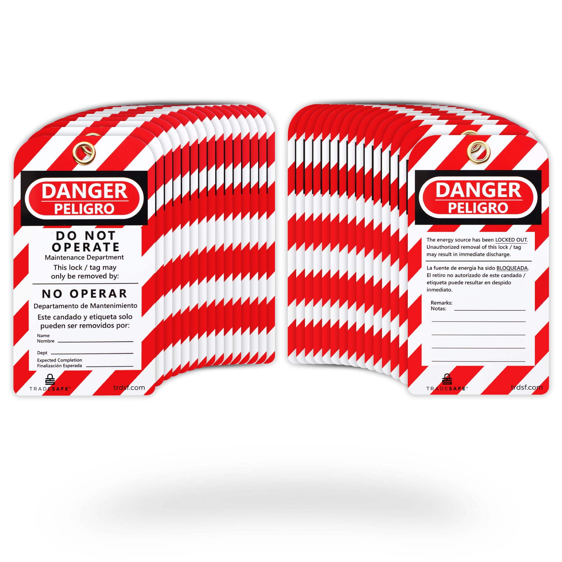 eye-level view of bilingual danger peligro tags in 30 pack showing its front and back tags