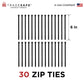 eye-level view of black zip ties in 30 pack