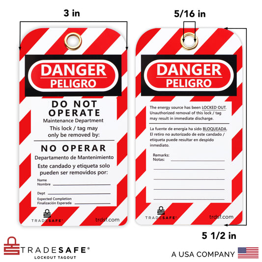 ront and back view of bilingual lockout tagout danger tags with its dimensions