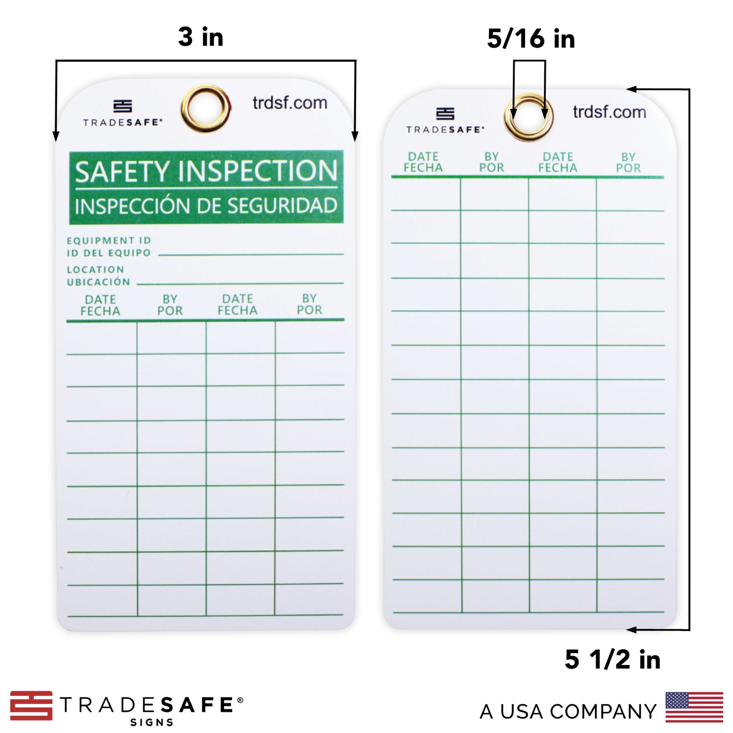 front and back view of bilingual safety inspection tags with its dimensions