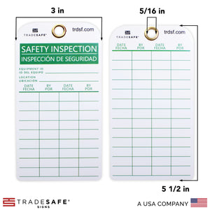 front and back view of bilingual safety inspection tags with its dimensions