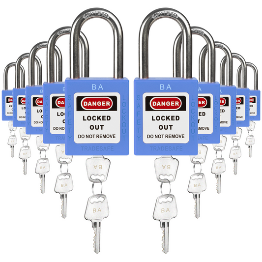 ten blue loto padlocks, each with two keys and a BA letter code on both the lock body and the keys