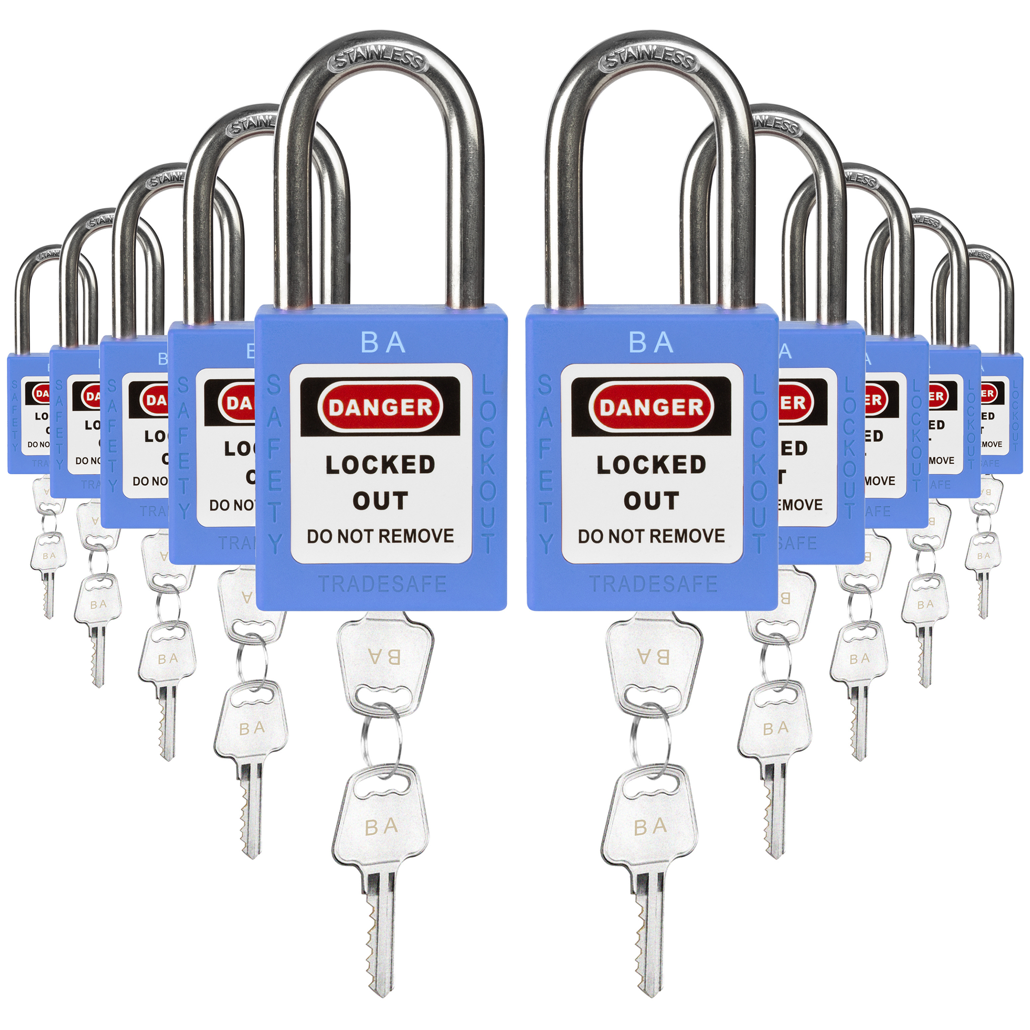 Keyed Alike Unlimited Lockout Locks - 10 Blue Padlocks - 2 Keys Per Lock