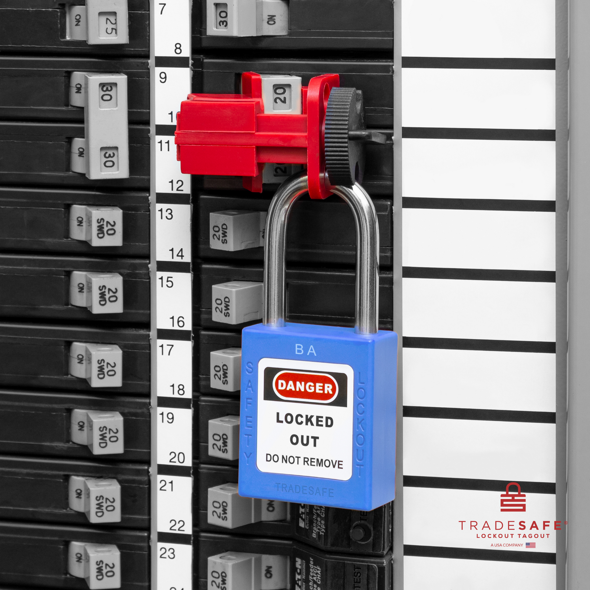 a blue loto padlock in use along with a universal multipole circuit breaker lock