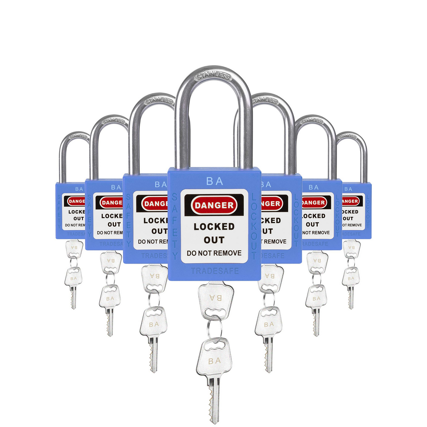seven blue loto padlocks, each with two keys and a BA letter code on both the lock body and the keys