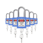 seven blue loto padlocks, each with two keys and a BA letter code on both the lock body and the keys