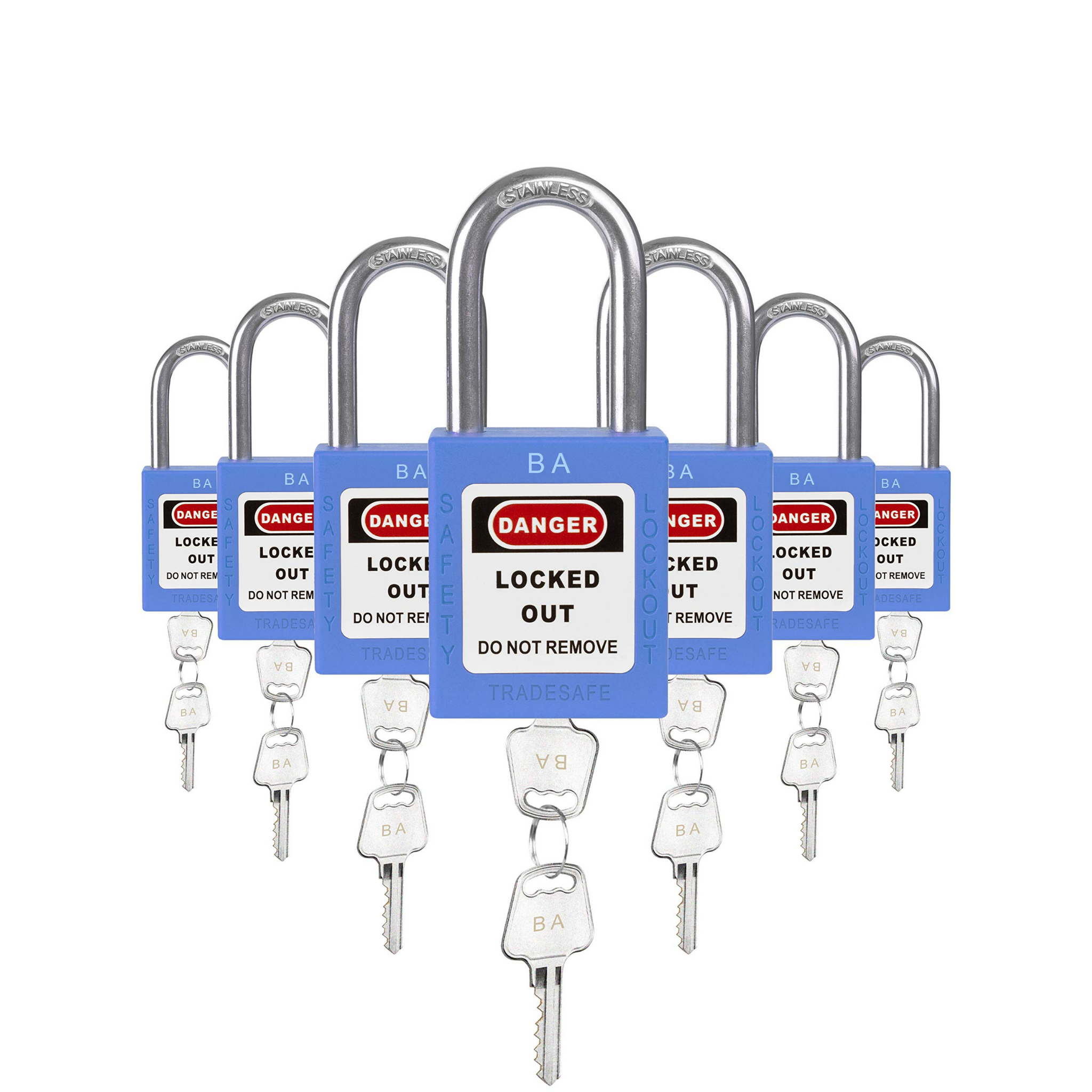 Keyed Alike Unlimited Lockout Locks - 7 Blue Padlocks - 2 Keys Per Lock