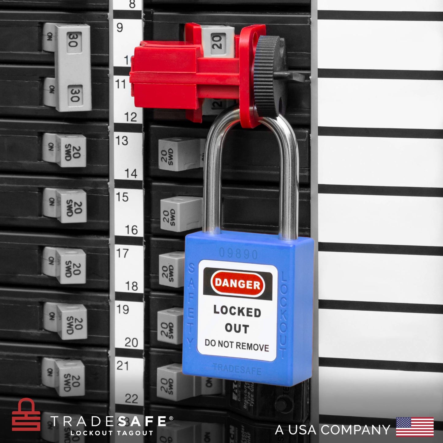 a blue loto padlock in-use along with a universal multi-pole circuit breaker lock