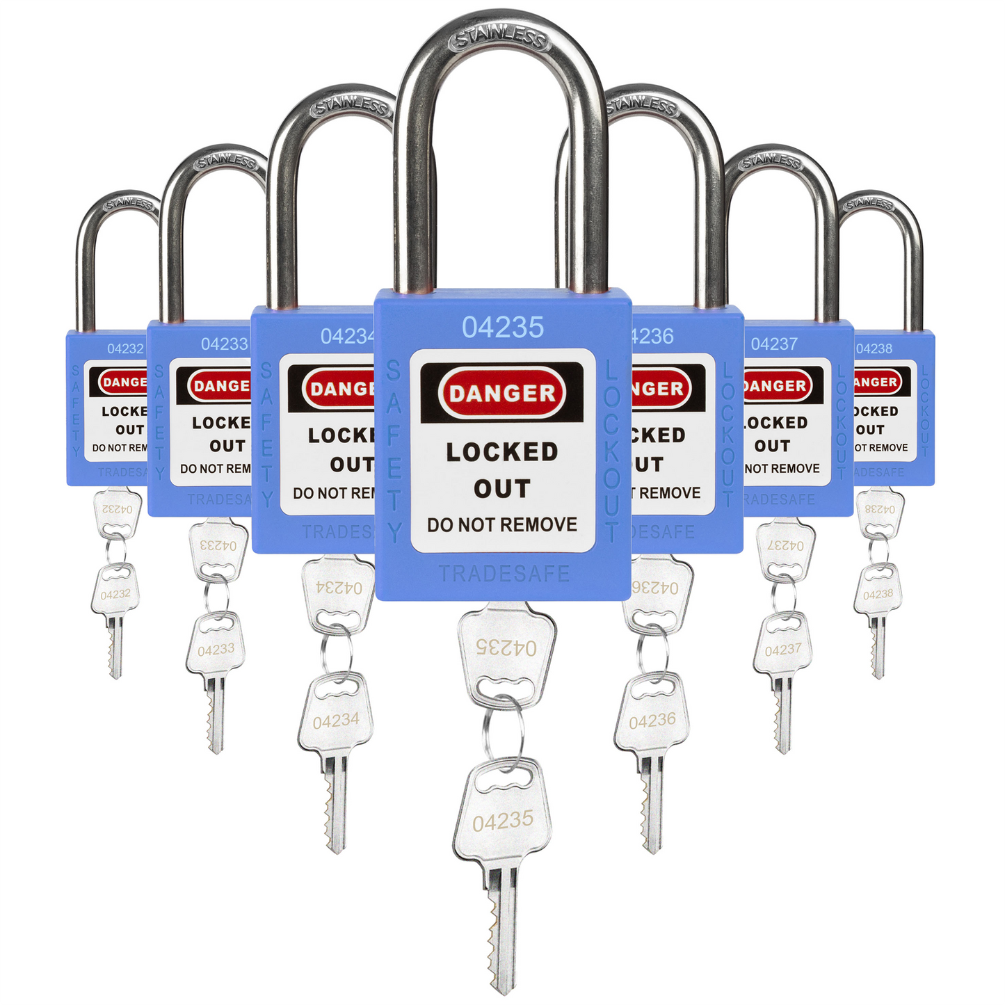 seven blue loto padlocks, each with two keys and a unique five-digit code engraved in both keys and padlock body