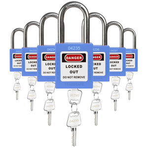 seven blue loto padlocks, each with two keys and a unique five-digit code engraved in both keys and padlock body